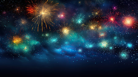 Colorful fireworks and celebration cityscape at night. New Year and Christmas conceptの素材