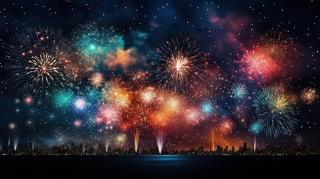 Colorful fireworks and celebration cityscape at night. New Year and Christmas conceptの素材