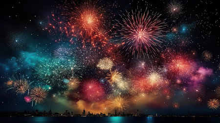 Colorful fireworks and celebration cityscape at night. New Year and Christmas conceptの素材