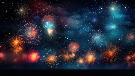 Colorful fireworks and celebration cityscape at night. New Year and Christmas conceptの素材