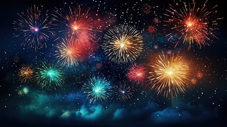 Colorful fireworks and celebration cityscape at night. New Year and Christmas conceptの素材