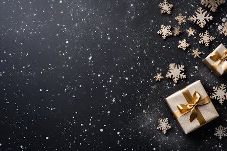 Christmas greeting card. Festive decoration on background. New Year concept. Copy space. Flat layの素材