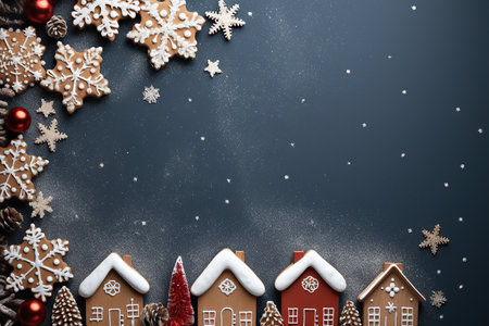 Christmas greeting card. Festive decoration on background. New Year concept. Copy space. Flat layの素材