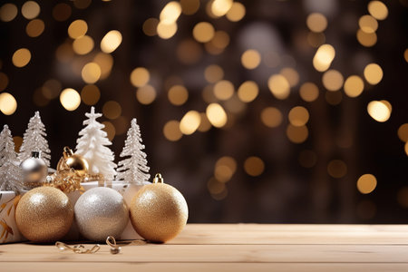 Christmas greeting card. Festive decoration on background. New Year concept. Copy space. Flat layの素材