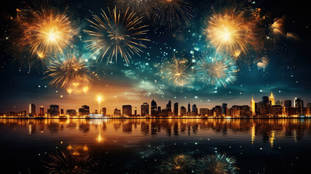 Fireworks over the city at night, New Year and Christmas conceptの素材