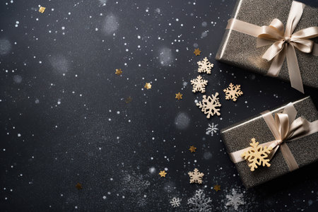Christmas greeting card. Festive decoration on background. New Year concept. Copy space. Flat layの素材