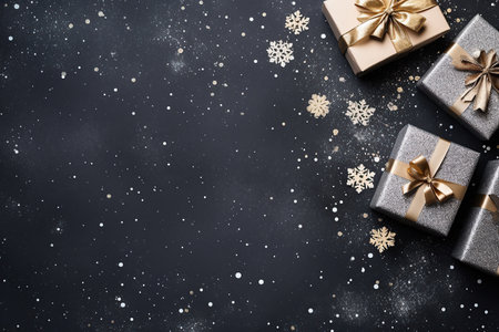 Christmas greeting card. Festive decoration on background. New Year concept. Copy space. Flat layの素材