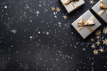 Christmas greeting card. Festive decoration on background. New Year concept. Copy space. Flat layの素材