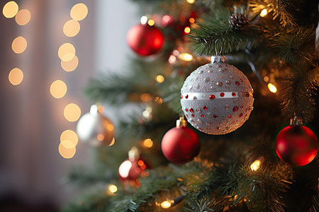 Christmas tree with baubles on blurred background, close-upの素材