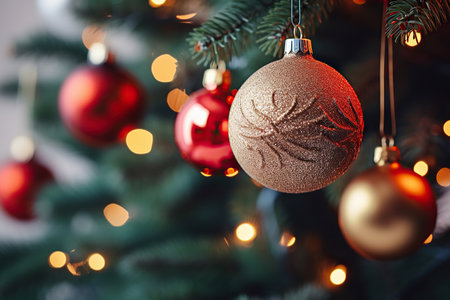 Christmas tree with baubles on blurred background, close-upの素材