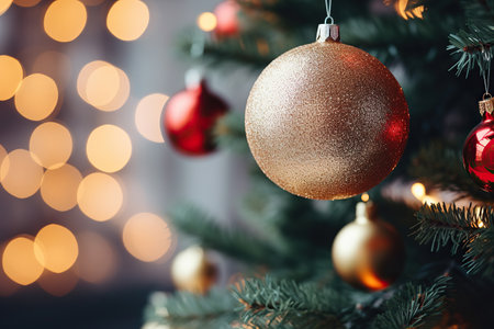 Christmas tree with baubles on blurred background, close-upの素材