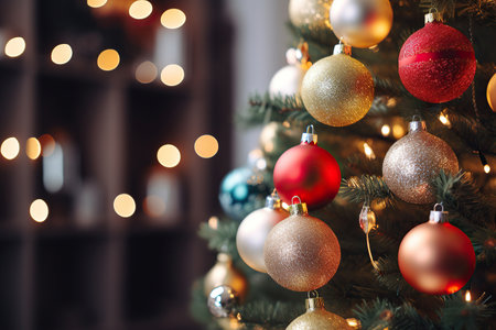 Christmas tree with baubles on blurred background, close-upの素材
