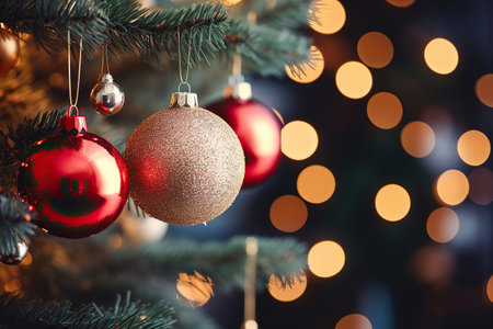Christmas tree with baubles on blurred background, close-upの素材