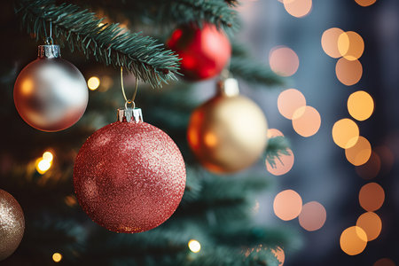 Christmas tree with baubles on blurred background, close-upの素材