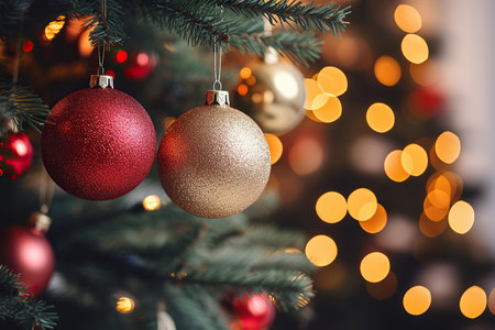 Christmas tree with baubles on blurred background, close-upの素材
