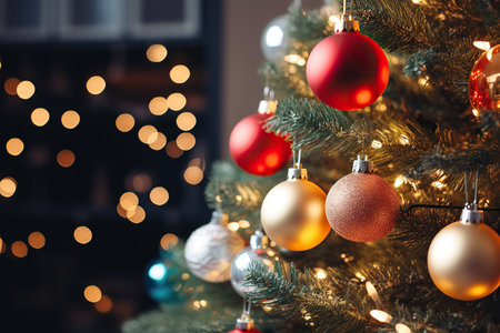 Christmas tree with baubles on blurred background, close-upの素材