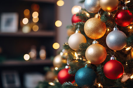 Christmas tree with baubles on blurred background, close-upの素材