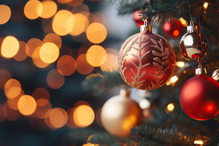 Christmas tree with baubles on blurred background, close-upの素材