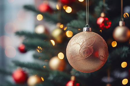 Christmas tree with baubles on blurred background, close-upの素材