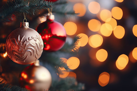 Christmas tree with baubles on blurred background, close-upの素材