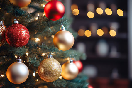 Christmas tree with baubles on blurred background, close-upの素材