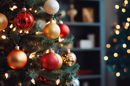Christmas tree with baubles on blurred background, close-upの素材