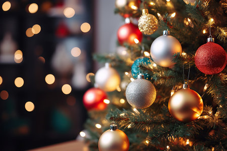 Christmas tree with baubles on blurred background, close-upの素材