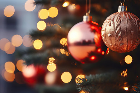 Christmas tree with baubles on blurred background, close-upの素材