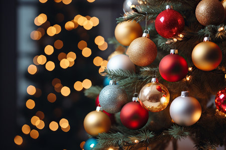 Christmas tree with baubles on blurred background, close-upの素材