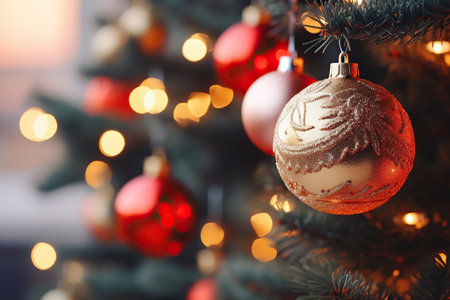 Christmas tree with baubles on blurred background, close-upの素材