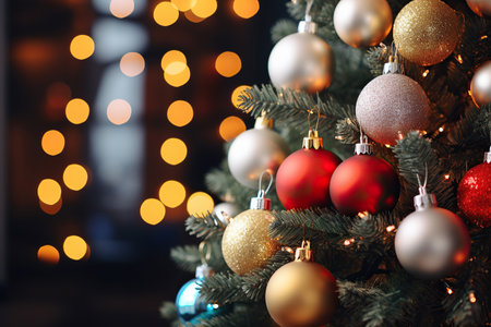 Christmas tree with baubles on blurred background, close-upの素材