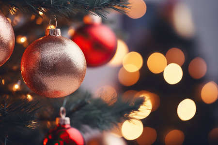 Christmas tree with baubles on blurred background, close-upの素材