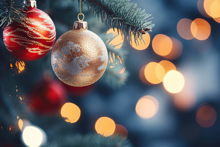 Christmas tree with baubles on blurred background, close-upの素材