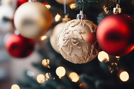 Christmas tree with baubles on blurred background, close-upの素材
