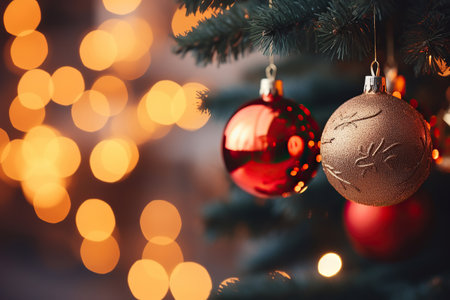 Christmas tree with baubles on blurred background, close-upの素材