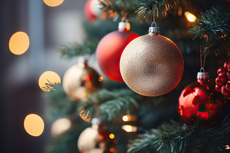 Christmas tree with baubles on blurred background, close-upの素材