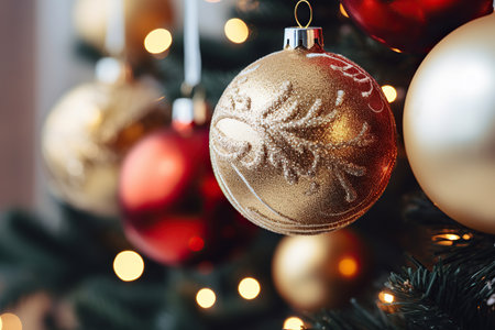 Christmas tree with baubles on blurred background, close-upの素材