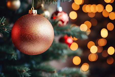Christmas tree with baubles on blurred background, close-upの素材