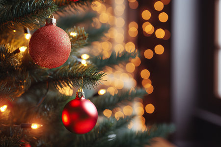 Christmas tree with baubles on blurred background, close-upの素材