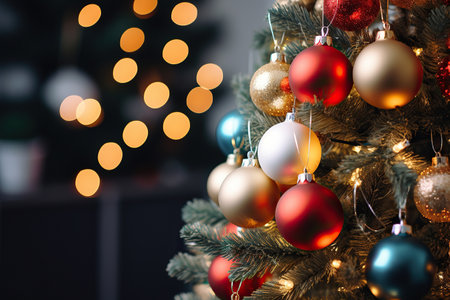 Christmas tree with baubles on blurred background, close-upの素材