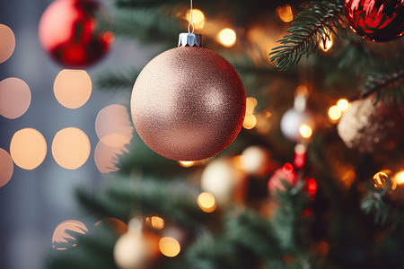 Christmas tree with baubles on blurred background, close-upの素材