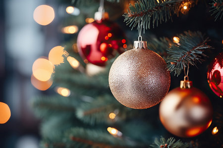 Christmas tree with baubles on blurred background, close-upの素材
