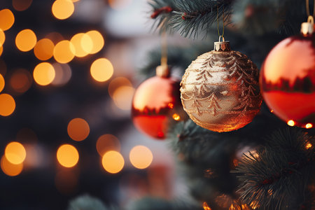 Christmas tree with baubles on blurred background, close-upの素材