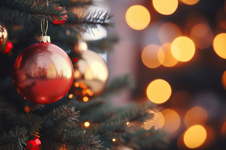 Christmas tree with baubles on blurred background, close-upの素材