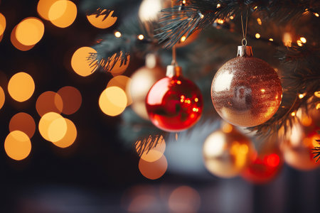 Christmas tree with baubles on blurred background, close-upの素材