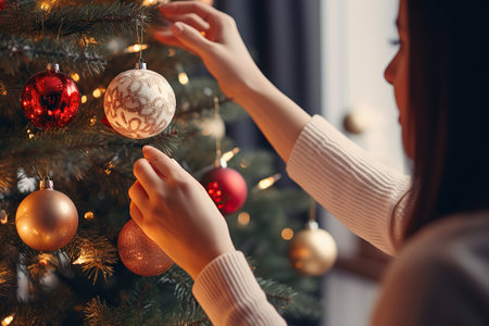 Closeup of woman's hand holding christmas bauble on christmas treeの素材