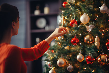 Closeup of woman's hand holding christmas bauble on christmas treeの素材