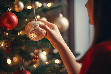 Closeup of woman's hand holding christmas bauble on christmas treeの素材