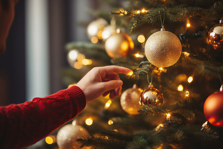 Closeup of woman's hand holding christmas bauble on christmas treeの素材