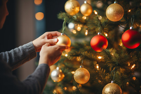 Closeup of woman's hand holding christmas bauble on christmas treeの素材